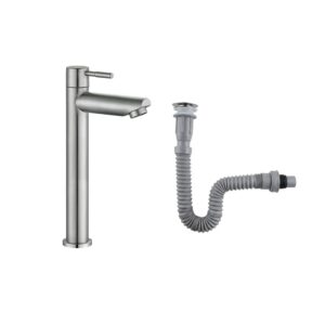 Combo Grifería Alta Agua Fría+ Desagüe Flexible Satinado