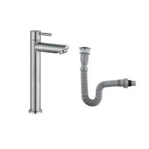 Combo Grifería Alta Agua Fría+ Desagüe Flexible Satinado