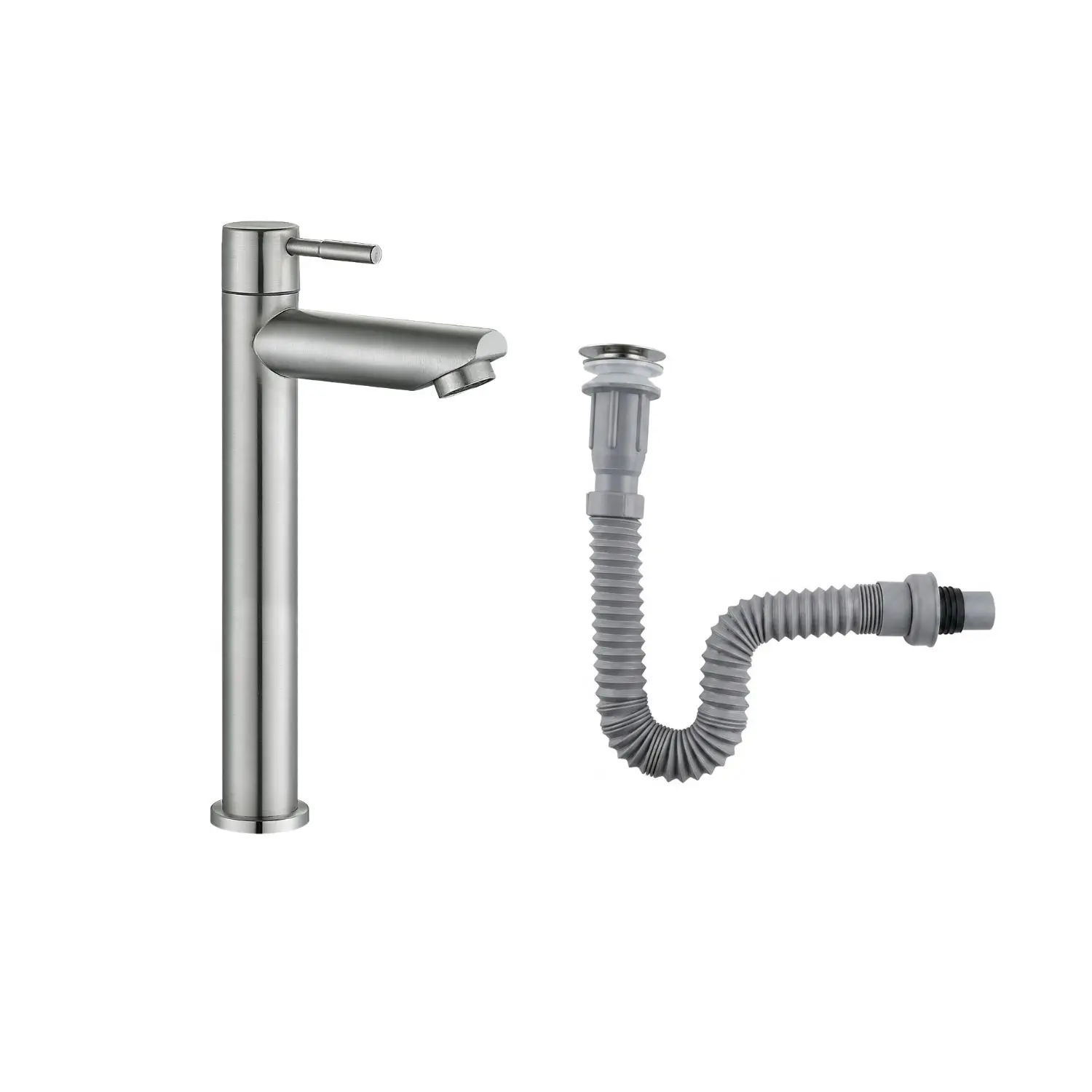 Combo Grifería Alta Agua Fría+ Desagüe Flexible Satinado