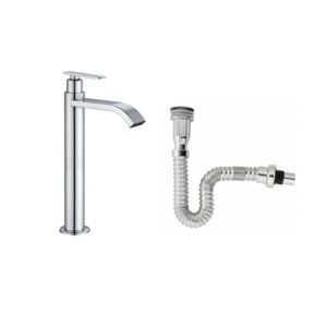 Combo Grifería Alta Agua Fría+ Desagüe Flexible Cromado