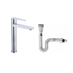 Combo Grifería Alta Agua Fría+ Desagüe Flexible Cromado