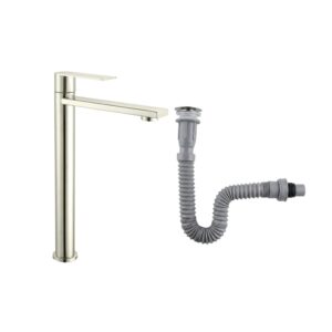 Combo Grifería Alta Agua Fría+ Desagüe Flexible Satinada