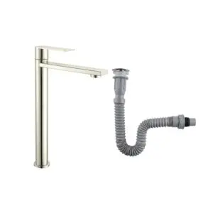 Combo Grifería Alta Agua Fría+ Desagüe Flexible Satinada
