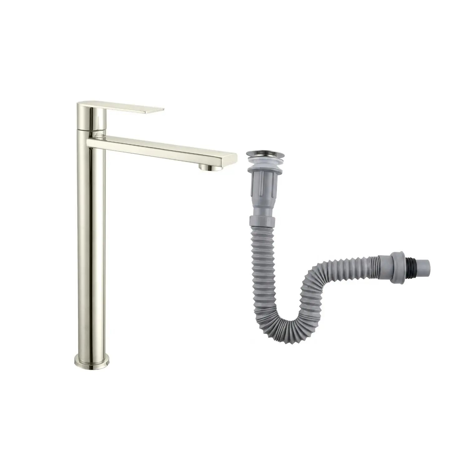 Combo Grifería Alta Agua Fría+ Desagüe Flexible Satinada