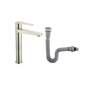 Combo Grifería Alta Agua Fría+ Desagüe Flexible Satinada