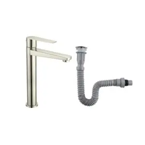Combo Grifería Alta Agua Fría+ Desagüe Flexible Satinada