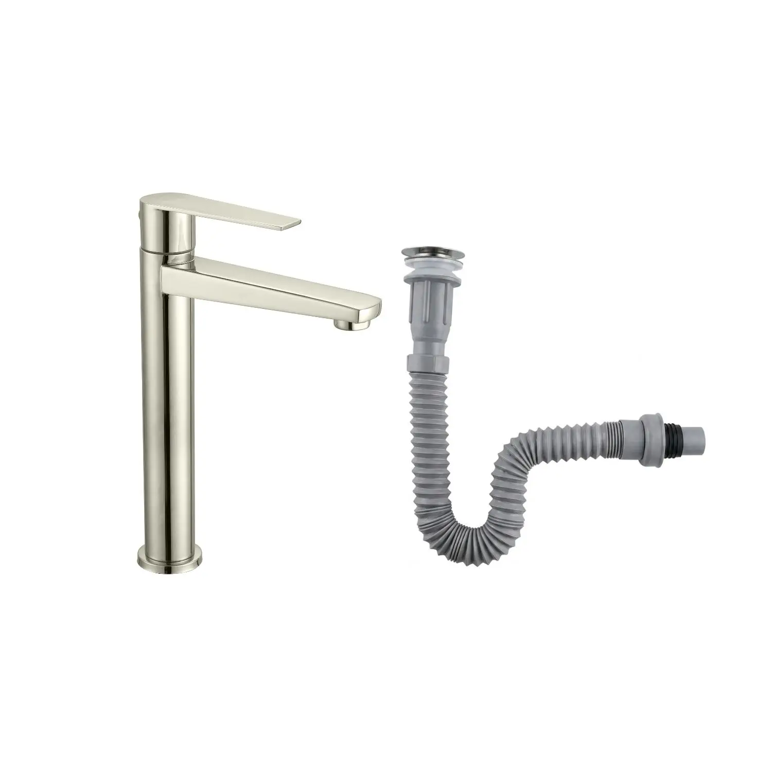 Combo Grifería Alta Agua Fría+ Desagüe Flexible Satinada