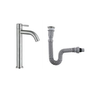 Combo Grifería Alta Agua Fría+ Desagüe Flexible Satinado