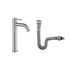 Combo Grifería Alta Agua Fría+ Desagüe Flexible Satinado