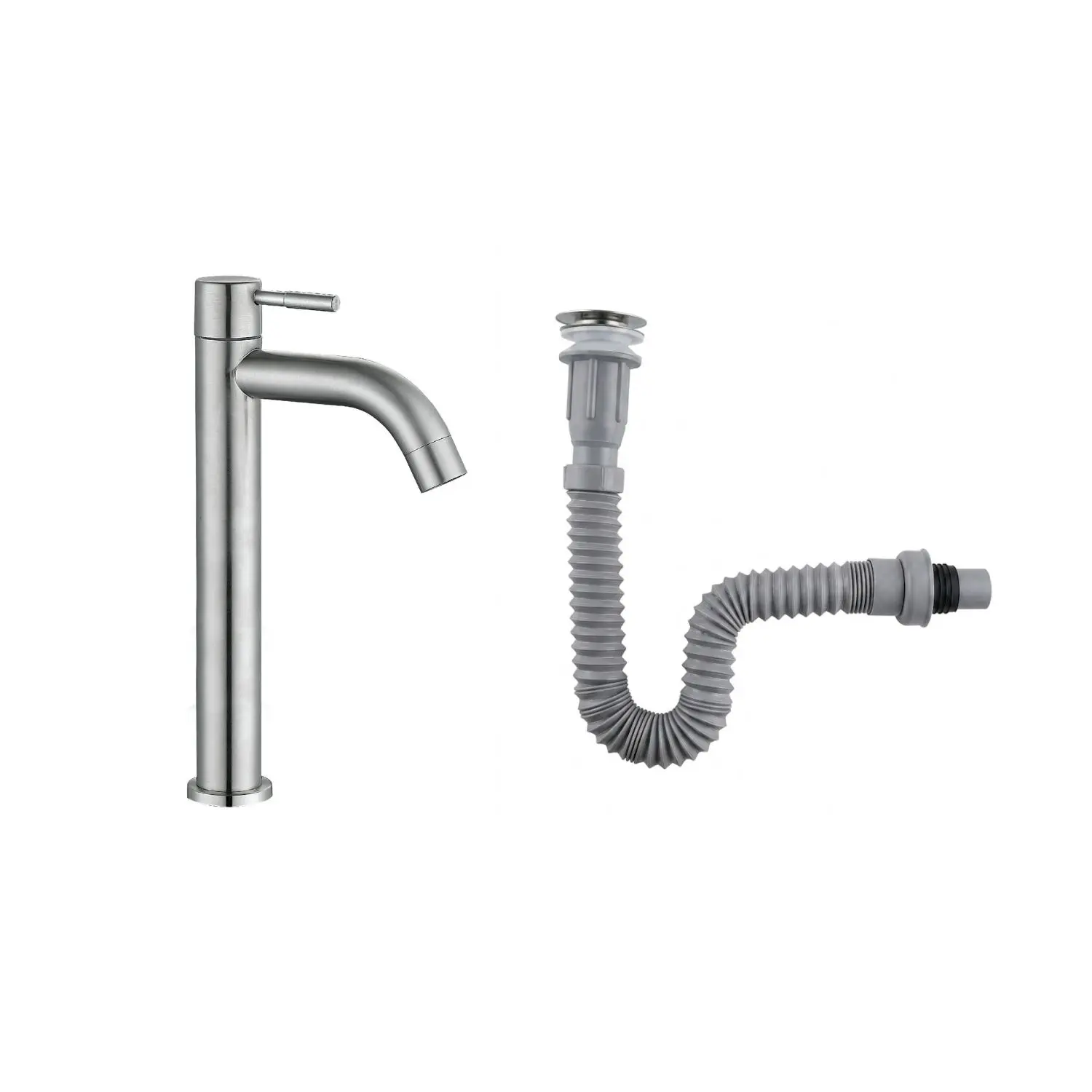 Combo Grifería Alta Agua Fría+ Desagüe Flexible Satinado